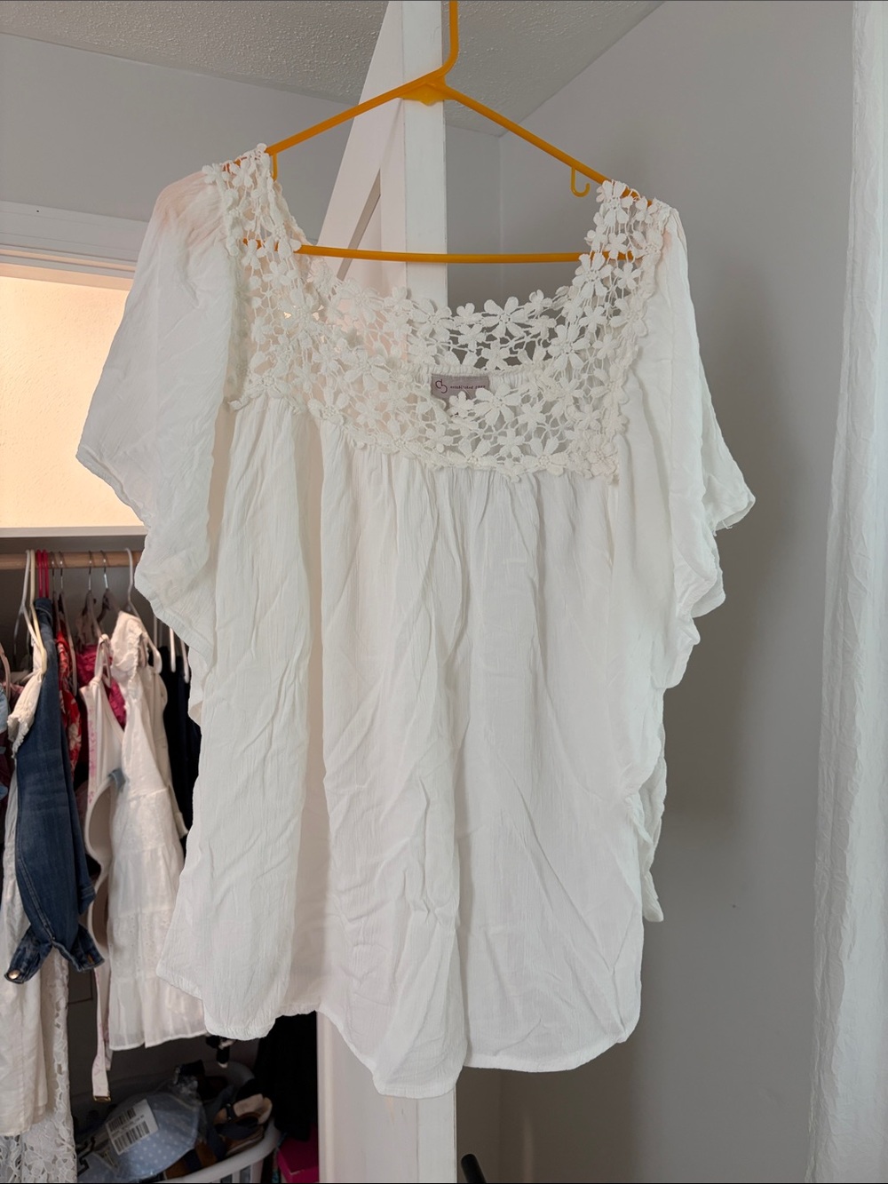 White Floral Crochet-Yoke Blouse - Lightweight Women's Top